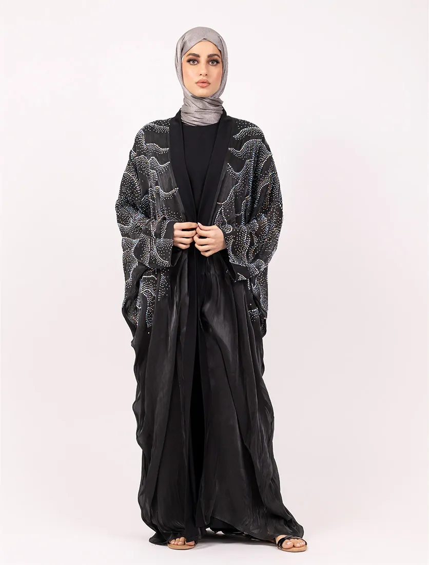 Black Crystal Embellished Sheer Overlay Abaya